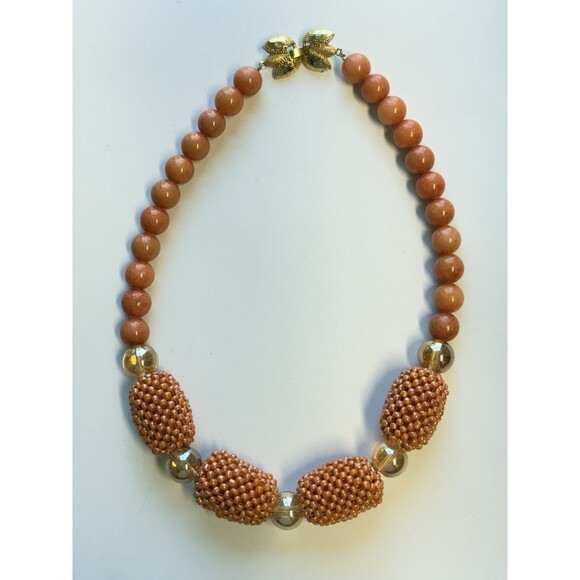 WA/YM Natural Stone Covered Beaded Orange Coral Colored Statement Necklace - Picture 2 of 9